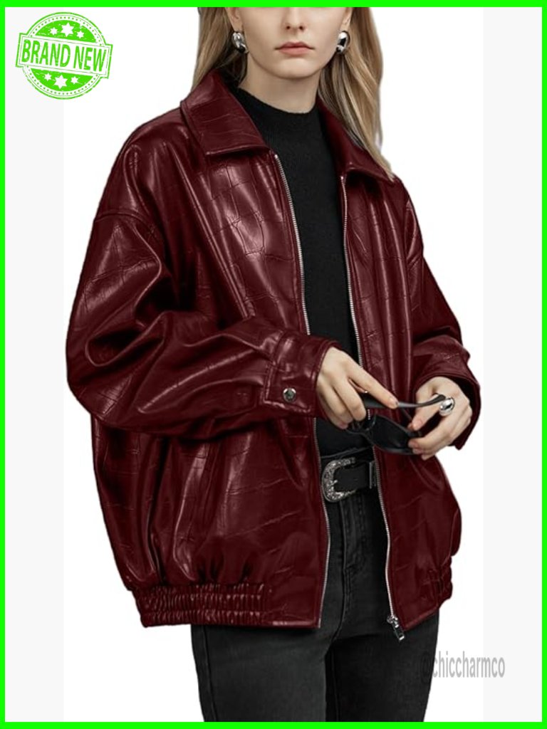 Oversized Faux Leather Bomber Jacket Wind-Resistant Lightweight Casual